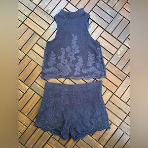 JOA Los Angeles Navy Blue Set Top & Shorts Cotton Embroidered Crochet Size XS/S